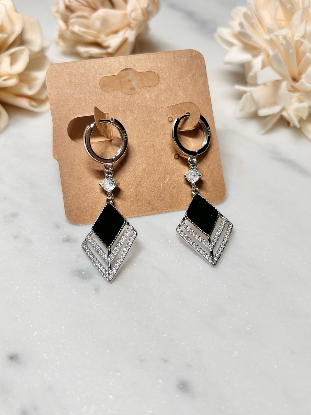 S925 Sterling Silver Black Onyx CZ Drop Huggie Earrings Retro Zircon Vintage